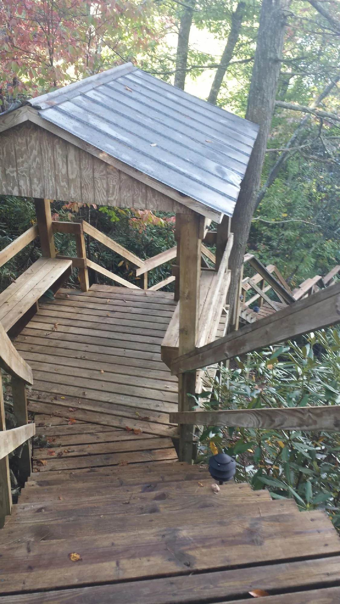 Metal roofed shelter over wooden steps on a wooded walkway — Skylight Repair & Installation work by our crew in Spring Hope